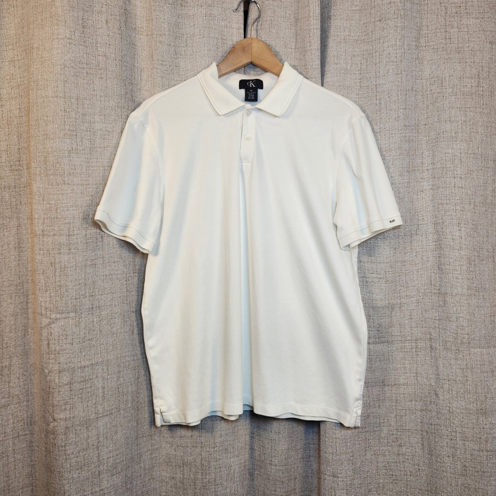 Calvin Klein Short Sleeve Polo Men's M‎ White 100% Cotton Two Button Logo Tag